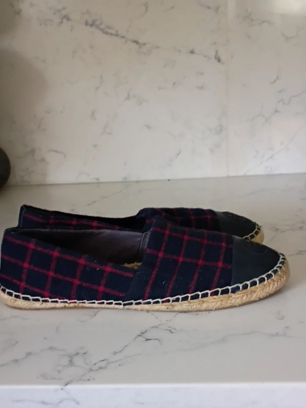 Tory Burch Navy and Red Plaid Espadrille Flats with Logo Toe